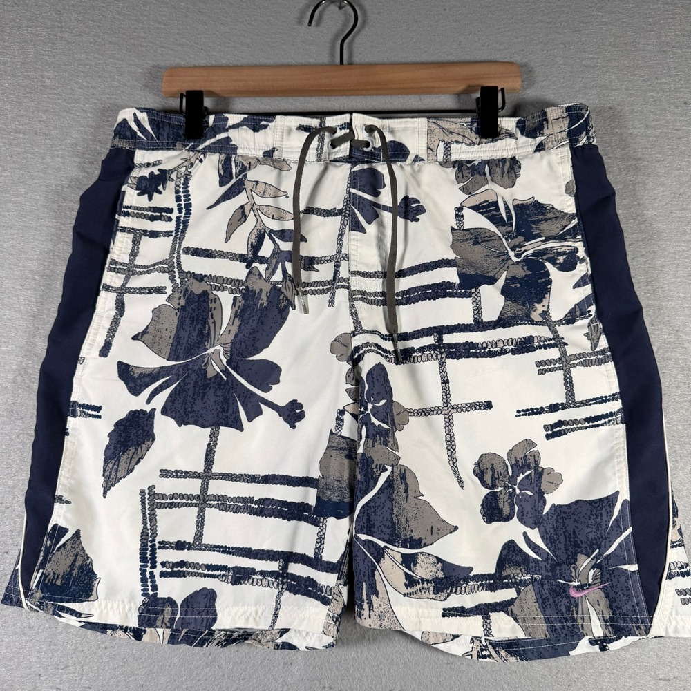 Vintage Nike Swim Mens Medium Floral Hibiscus Board Shorts White Navy